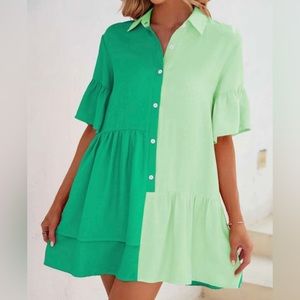 Two Tone Flounce Sleeve Ruffle Hem Smock Dress